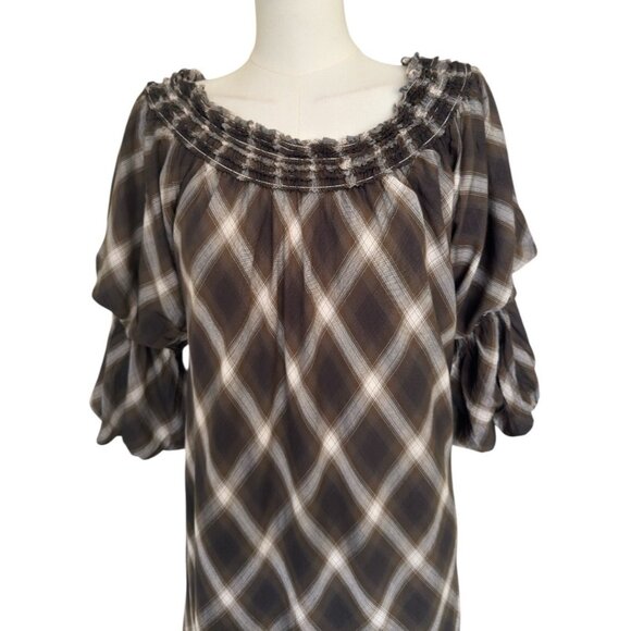 Max Studio Plaid Off Shoulder Boho Bell Sleeve Lined Pullover Dress Women's Sz L - Picture 6 of 9